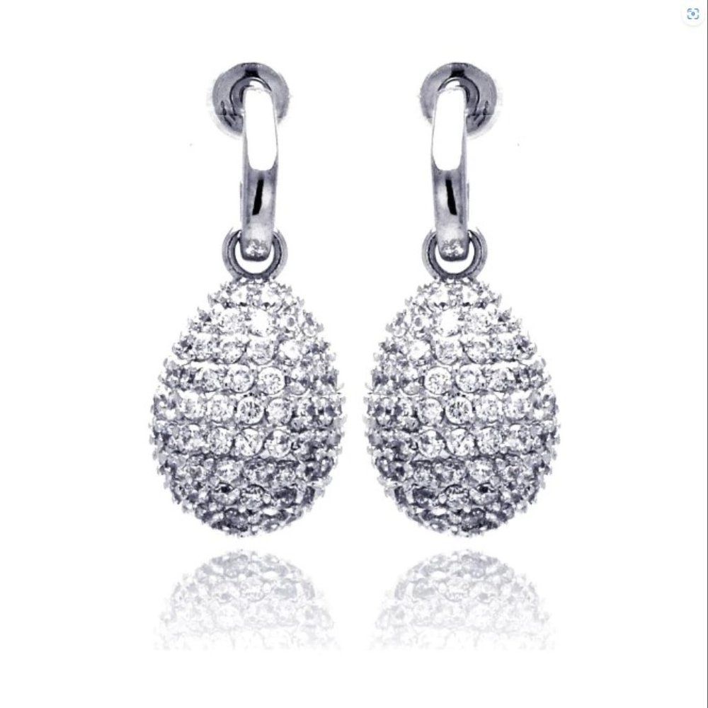 Sterling Silver 925 Rhodium Plated Oval Disco Ball Pear CZ Dangling Stud Earring - Picture 2 of 3